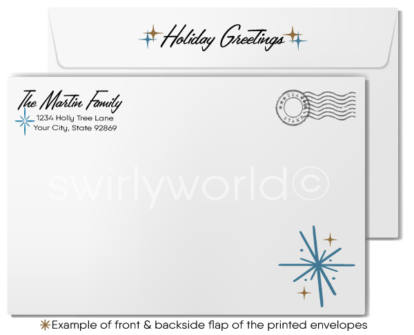 Vintage 1960s Mid-Century Modern Christmas Card with Atomic-Era Blue Peacock Ornament on Blue Tree