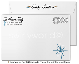 Vintage 1960s Mid-Century Modern Christmas Card with Atomic-Era Blue Peacock Ornament on Blue Tree