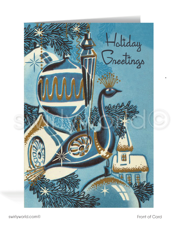 Atomic Blue 1960s Retro Mid-Century Modern Peacock Ornaments Christmas Holiday Cards