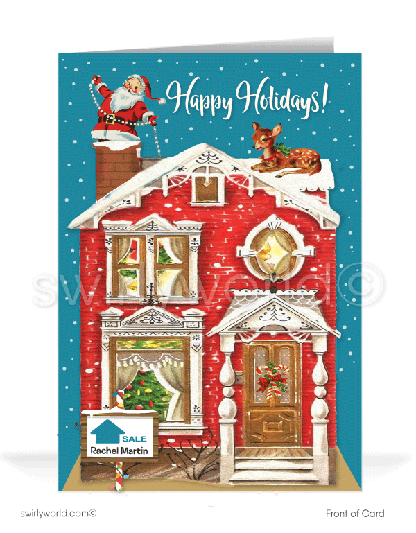 1950's Retro Mid-Century Modern Santa Claus Christmas House Realtor Holiday Cards. Retro 1950s style mid-century vintage house with Santa on chimney Merry Christmas printed holiday greeting cards.