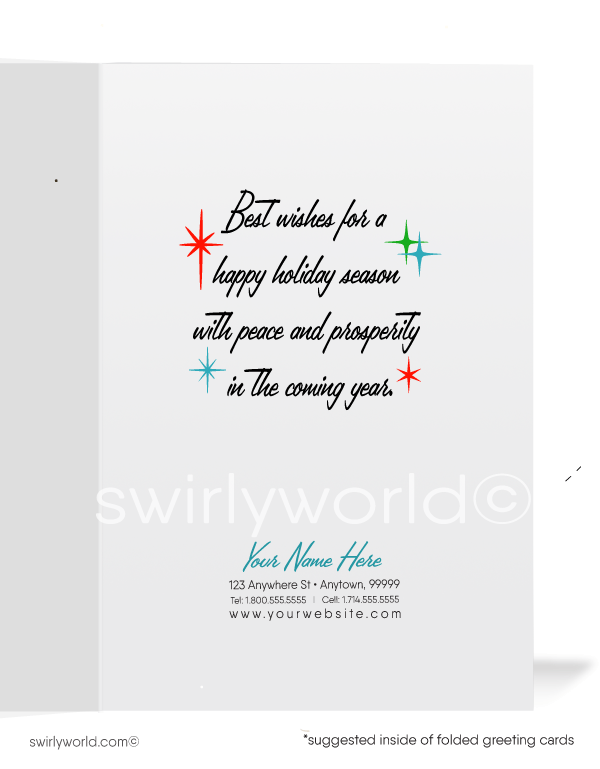 Retro 1950's style mid-century modern neighborhood Christmas holiday greeting cards.