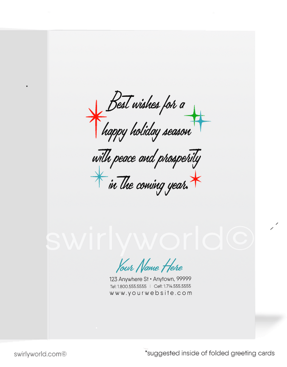 Retro 1950's style mid-century modern neighborhood Christmas holiday greeting cards.