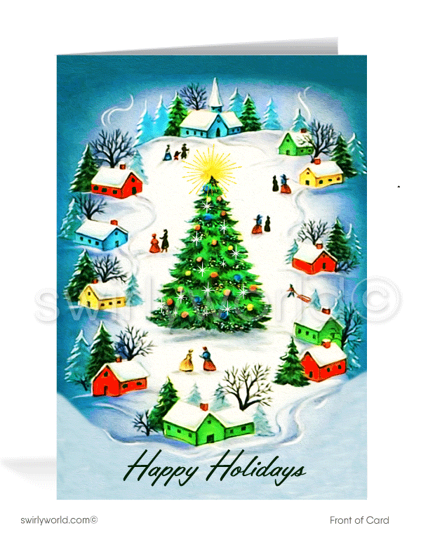 Retro 1950's style mid-century modern neighborhood Christmas holiday greeting cards.