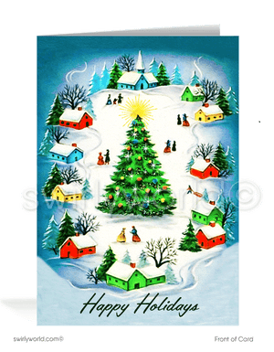 Retro 1950's style mid-century modern neighborhood Christmas holiday greeting cards.
