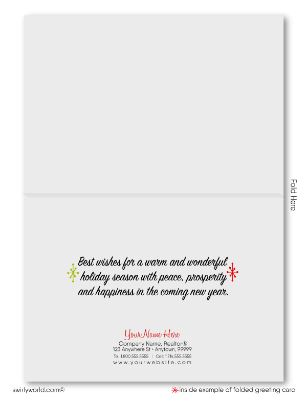 Retro modern unique holiday christmas cards for realtors and real estate agents. Neighborhood houses with Christmas holiday decorations.