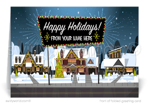 Retro modern unique holiday christmas cards for realtors and real estate agents. Neighborhood houses with Christmas holiday decorations.