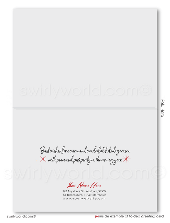 Retro Modern Whimsical Home Interior Holiday Cards for Real Estate Agents. Mid-century modern merry christmas cards 