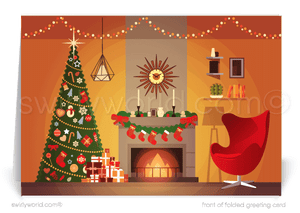 Retro Modern Whimsical Home Interior Holiday Cards for Real Estate Agents. Mid-century modern merry christmas cards 