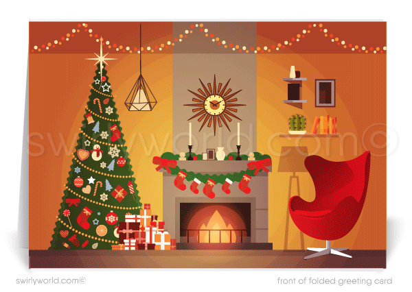 Retro Modern Whimsical Home Interior Holiday Cards for Real Estate Agents. Mid-century modern merry christmas cards 