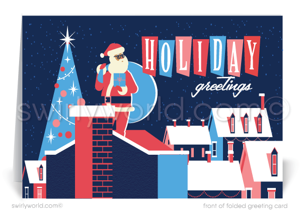 Explore our collection of vintage mid-century modern holiday cards, perfect for a retro and MCM-inspired Christmas. Our cards feature a unique atomic-style neighborhood with festive houses, offering Happy Holidays and Merry Christmas greetings tailored for Realtors. Embrace the charm of a diverse holiday with Black and Brown African American Santa Claus designs. Celebrate the season with style and nostalgia!