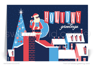 Explore our collection of vintage mid-century modern holiday cards, perfect for a retro and MCM-inspired Christmas. Our cards feature a unique atomic-style neighborhood with festive houses, offering Happy Holidays and Merry Christmas greetings tailored for Realtors. Embrace the charm of a diverse holiday with Black and Brown African American Santa Claus designs. Celebrate the season with style and nostalgia!