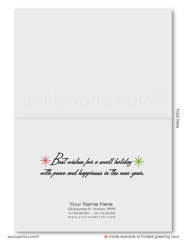 Swirly World Christmas Cards - Capture retro holiday charm with our Mid-Century Modern Palm Springs Desert Home Christmas cards. Featuring a '60s atomic ranch and festive tree, these customizable cards include a Realtor sign post, perfect for adding your logo and sharing nostalgic cheer with clients this season.