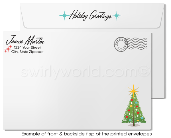 Customizable Mid-Century Modern Christmas Card with Retro Palm Springs Desert Home and Branding Sign