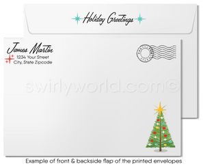 Customizable Mid-Century Modern Christmas Card with Retro Palm Springs Desert Home and Branding Sign