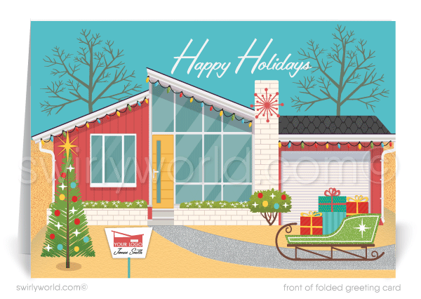 1960's Mid-Century Modern Eichler Home Interior Retro Starburst Christmas Holiday Greeting Cards. MCM house on Christmas.