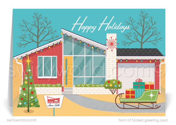 Swirly World Christmas Cards - Capture retro holiday charm with our Mid-Century Modern Palm Springs Desert Home Christmas cards. Featuring a '60s atomic ranch and festive tree, these customizable cards include a Realtor sign post, perfect for adding your logo and sharing nostalgic cheer with clients this season.