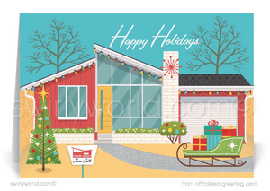 Swirly World Christmas Cards - Capture retro holiday charm with our Mid-Century Modern Palm Springs Desert Home Christmas cards. Featuring a '60s atomic ranch and festive tree, these customizable cards include a Realtor sign post, perfect for adding your logo and sharing nostalgic cheer with clients this season.