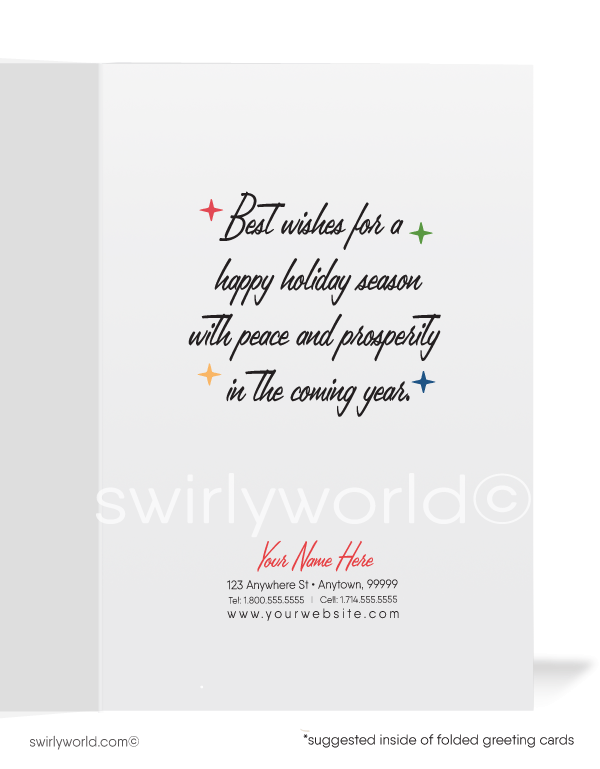 Send vintage holiday cheer with our retro card featuring Santa on a snowy rooftop beside a starburst tree. Customizable, mid-century style, printed on premium matte stock.