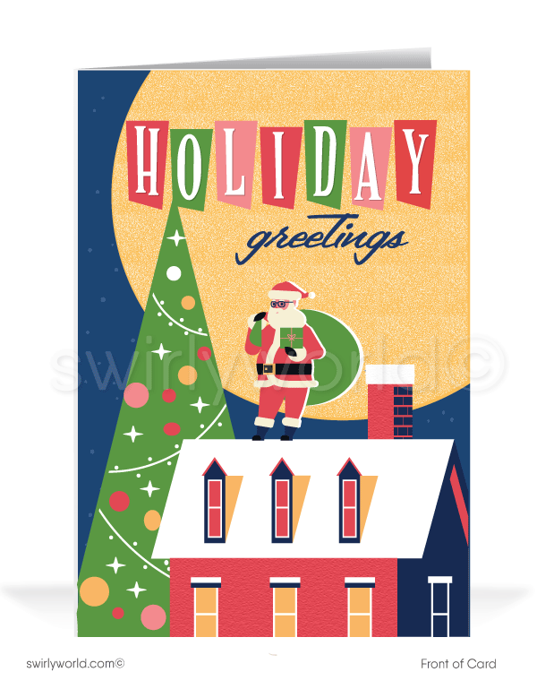 Send vintage holiday cheer with our retro card featuring Santa on a snowy rooftop beside a starburst tree. Customizable, mid-century style, printed on premium matte stock.