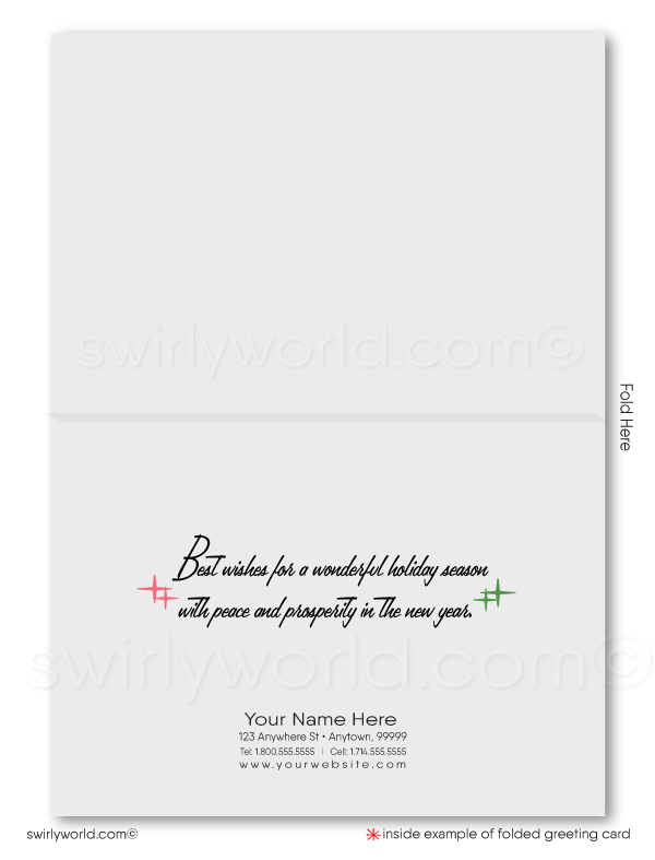Swirly World Christmas Cards - Embrace retro holiday charm with our Atomic Modern Christmas card, showcasing a vibrant mid-century living room with iconic Eames chairs, a roaring fireplace, and a modern Christmas tree with elegantly wrapped gifts. Customizable and crafted on premium cardstock, perfect for nostalgic holiday greetings.