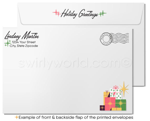 Customizable Retro Atomic Modern Christmas Holiday Card with Mid-Century Living Room and Festive Decor