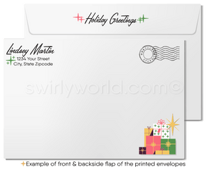 Customizable Retro Atomic Modern Christmas Holiday Card with Mid-Century Living Room and Festive Decor