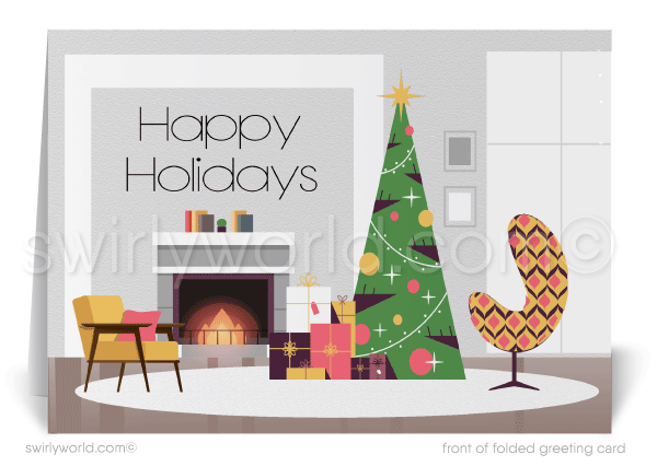 Mid-century retro modern contemporary home interior design holiday Christmas cards.
