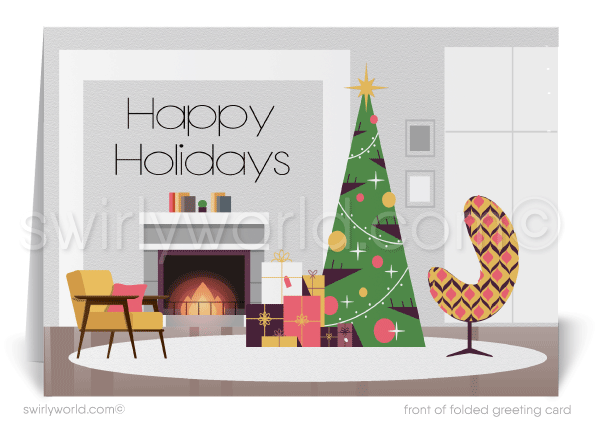Swirly World Christmas Cards - Embrace retro holiday charm with our Atomic Modern Christmas card, showcasing a vibrant mid-century living room with iconic Eames chairs, a roaring fireplace, and a modern Christmas tree with elegantly wrapped gifts. Customizable and crafted on premium cardstock, perfect for nostalgic holiday greetings.