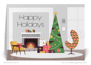 Swirly World Christmas Cards - Embrace retro holiday charm with our Atomic Modern Christmas card, showcasing a vibrant mid-century living room with iconic Eames chairs, a roaring fireplace, and a modern Christmas tree with elegantly wrapped gifts. Customizable and crafted on premium cardstock, perfect for nostalgic holiday greetings.