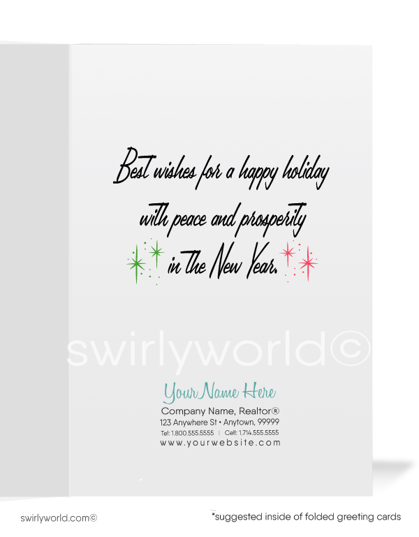 Mid-century retro modern houses designed in Christmas Tree holiday greeting cards for realtors and real estate agents.