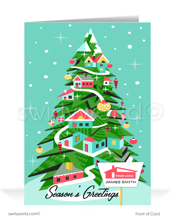 Mid-century retro modern houses designed in Christmas Tree holiday greeting cards for realtors and real estate agents.