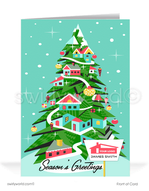 Mid-century retro modern houses designed in Christmas Tree holiday greeting cards for realtors and real estate agents.