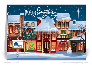 Old fashioned small town antique store front on Christmas with snow retro printed holiday cards for commercial realtor.