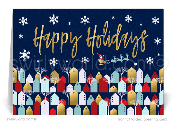  Whimsical modern neighborhood houses holiday cards for Realtors and Real Estate Agents.