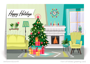 mid-century modern realtor. Retro modern unique Merry Christmas holiday greeting cards for real estate agents.