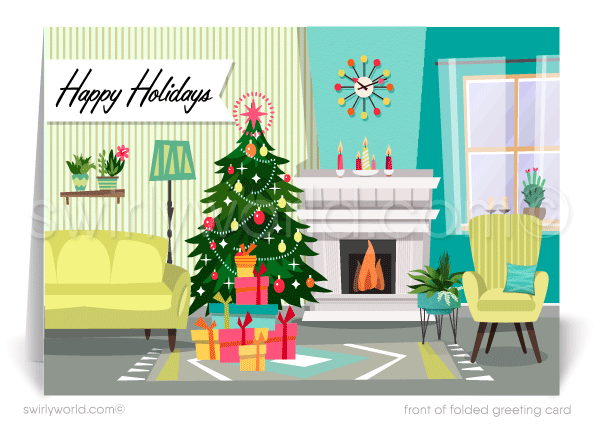 mid-century modern realtor. Retro modern unique Merry Christmas holiday greeting cards for real estate agents.