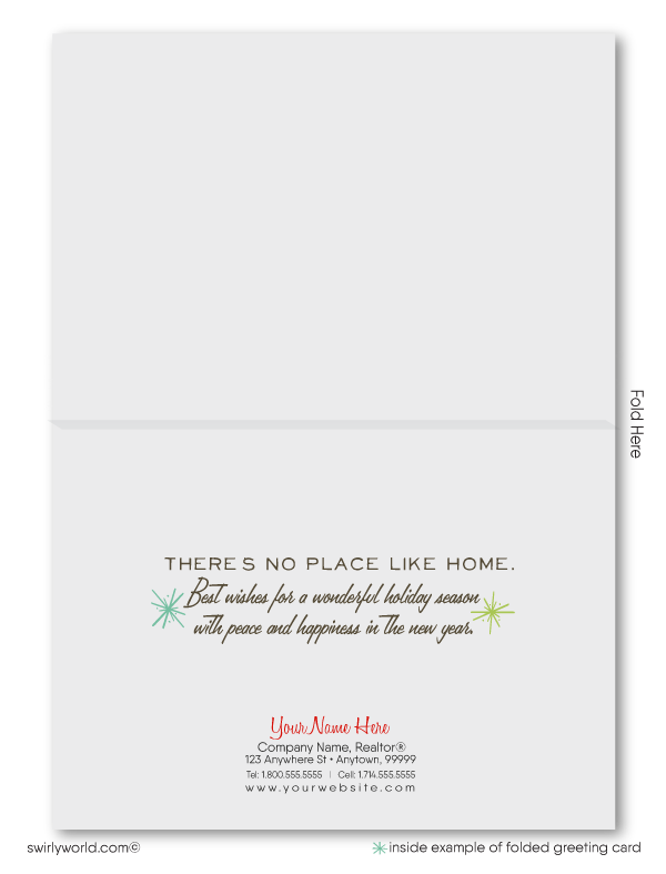 mid-century modern realtor. Retro modern unique Merry Christmas holiday greeting cards for real estate agents.