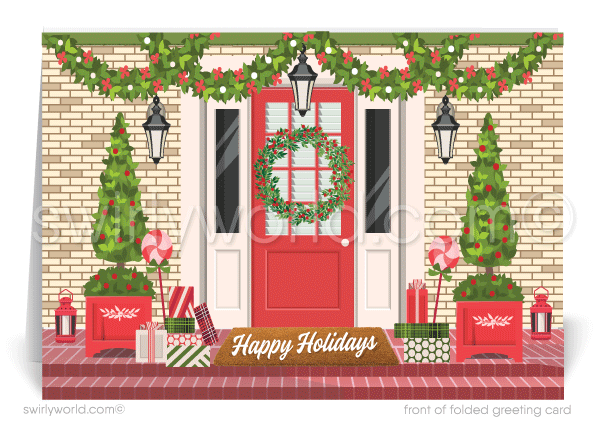 Beautifully Decorated Holiday House Front Porch Real Estate Christmas Realtor Holiday Cards.