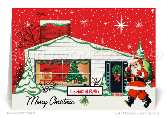 1950s atomic ranch vintage retro home at Christmas with retro Santa Claus.