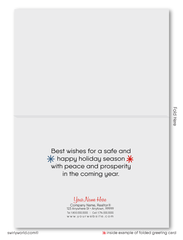 Merry Christmas happy holiday cards for clients from Realtor real estate agent holiday greeting cards. Client Christmas houses neighborhood holiday greeting cards for Realtors. 
