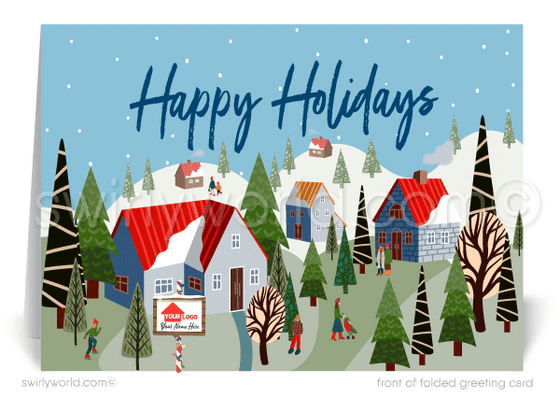 Merry Christmas happy holiday cards for clients from Realtor real estate agent holiday greeting cards. Client Christmas houses neighborhood holiday greeting cards for Realtors. 