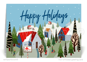 Merry Christmas happy holiday cards for clients from Realtor real estate agent holiday greeting cards. Client Christmas houses neighborhood holiday greeting cards for Realtors. 