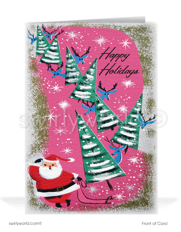1950's mid-century modern retro atomic pink mod Santa Claus Christmas greeting card.