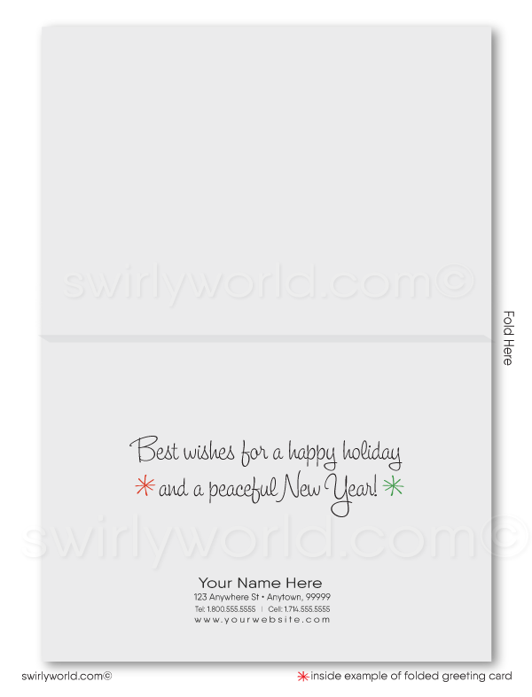 Swirly World Christmas Cards - Embrace the 1950s spirit with our Atomic Christmas cards, featuring vintage mid-century ornaments, MCM birds, and starbursts. Customizable and crafted on premium cardstock, these retro cards bring nostalgic holiday cheer and make a lasting impression for clients and loved ones.