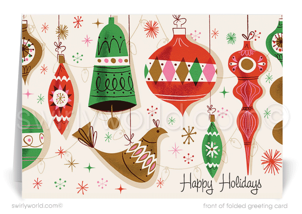 Swirly World Christmas Cards - Embrace the 1950s spirit with our Atomic Christmas cards, featuring vintage mid-century ornaments, MCM birds, and starbursts. Customizable and crafted on premium cardstock, these retro cards bring nostalgic holiday cheer and make a lasting impression for clients and loved ones.