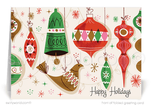 Swirly World Christmas Cards - Embrace the 1950s spirit with our Atomic Christmas cards, featuring vintage mid-century ornaments, MCM birds, and starbursts. Customizable and crafted on premium cardstock, these retro cards bring nostalgic holiday cheer and make a lasting impression for clients and loved ones.