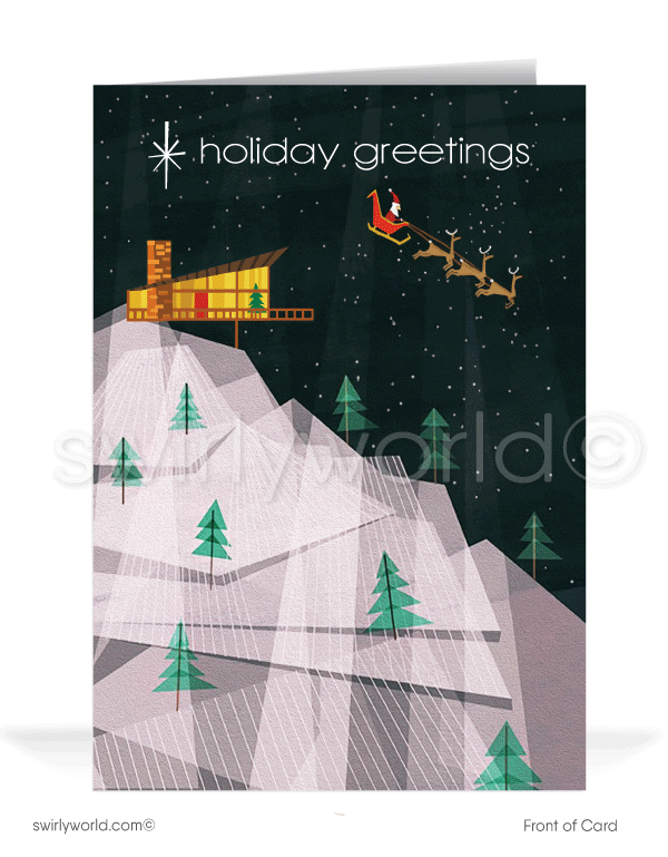 Retro Mid-Century Modern Eichler House Vintage Merry Christmas Holiday Greeting Cards.