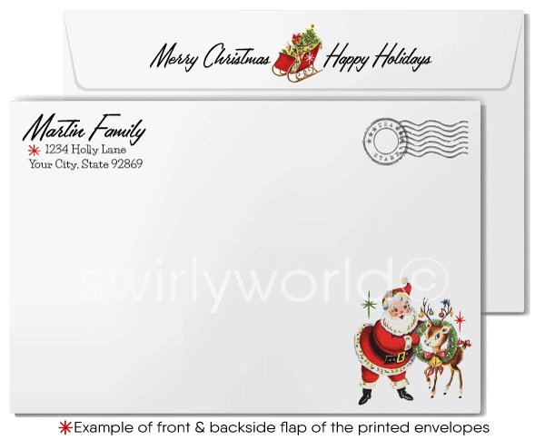 Vintage Christmas Card with 1950s-1960s Retro Couple, Blue Christmas Tree, and Atomic Starbursts - Mid-Century Modern Design
