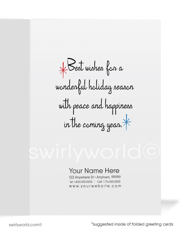 Retro atomic mid-century modern style vintage 1950's Christmas holiday greeting cards.