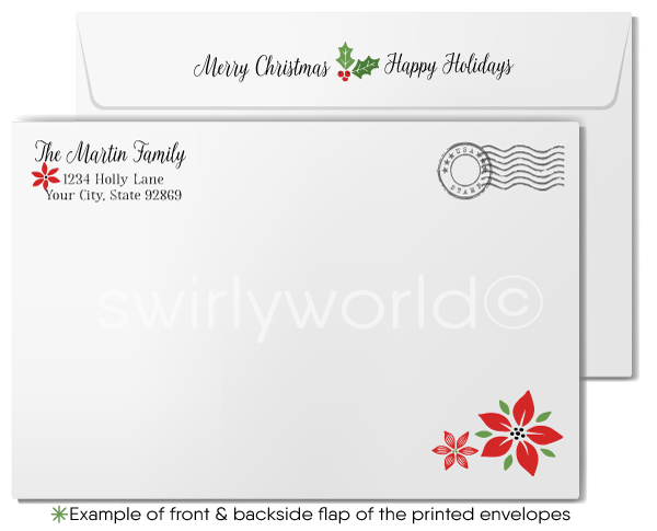 Retro Vintage Style Art Deco Poinsettia Merry Christmas Holiday Greeting Cards